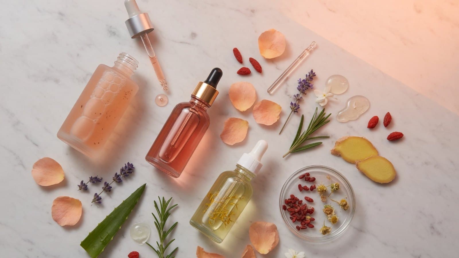 Skincare serums and ingredients flat lay on marble