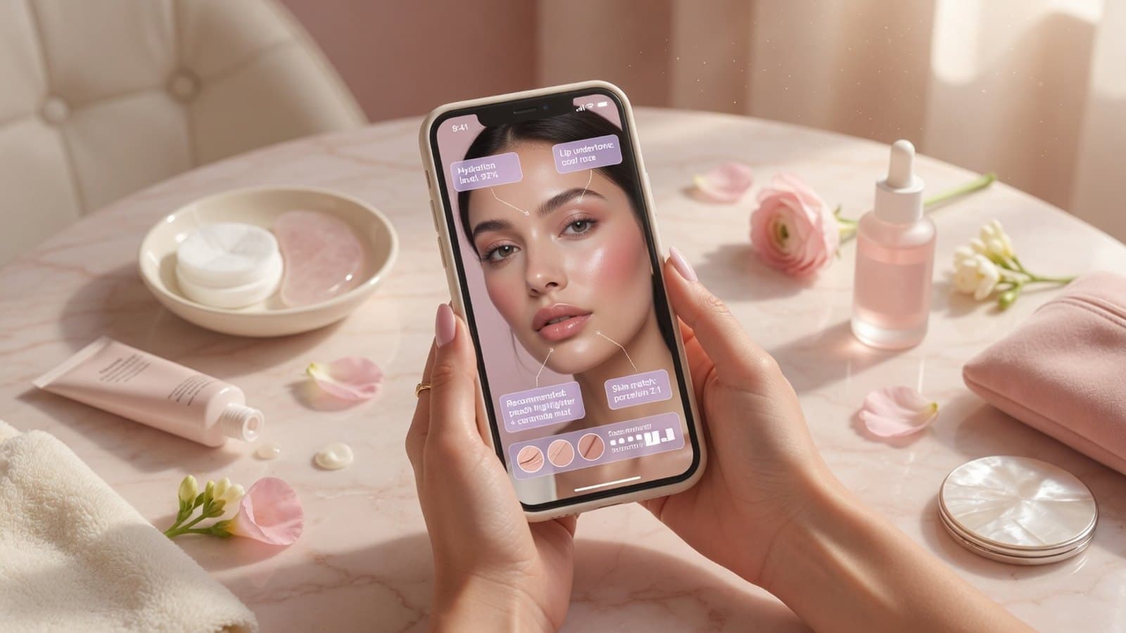 Phone and beauty look photos on a soft pink salon table