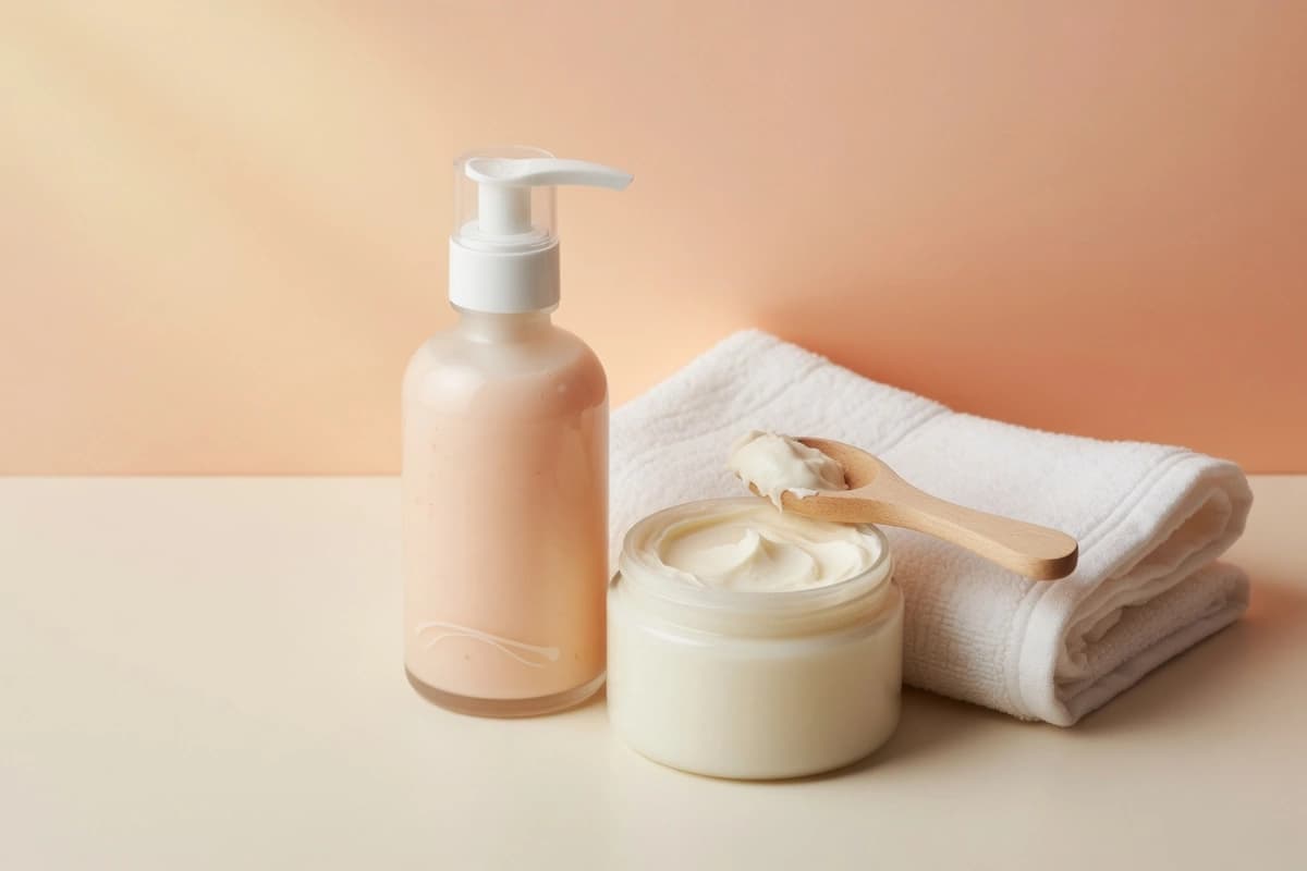 Body lotion bottle, pump and folded towel