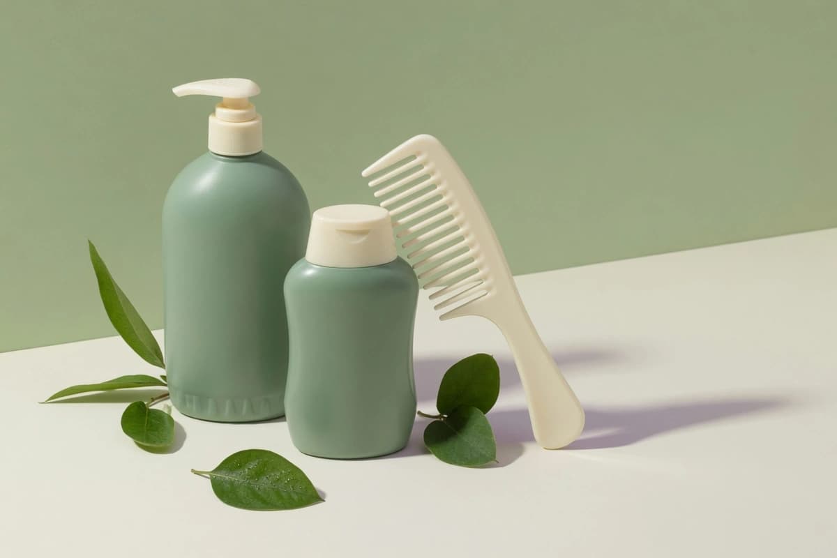 Green shampoo bottles, comb and leaves