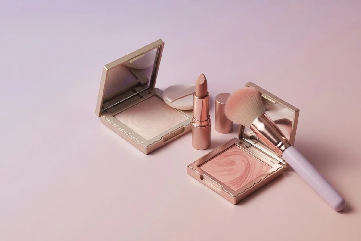 Makeup compact, lipstick and brush