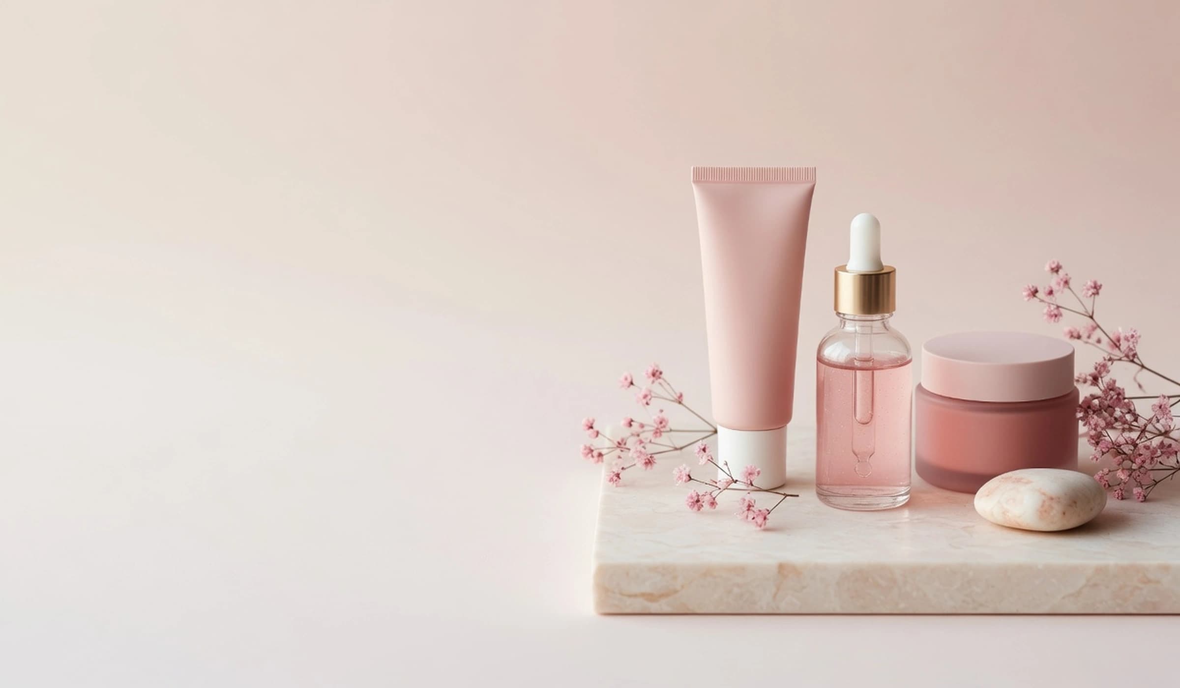 Premium skincare products on a soft stone platform with botanical accents