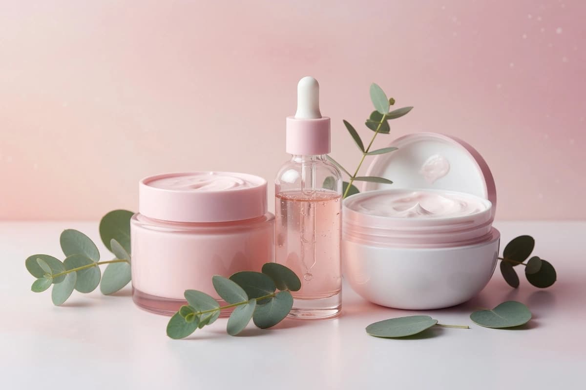 Skincare jars, serum bottles and botanical leaves